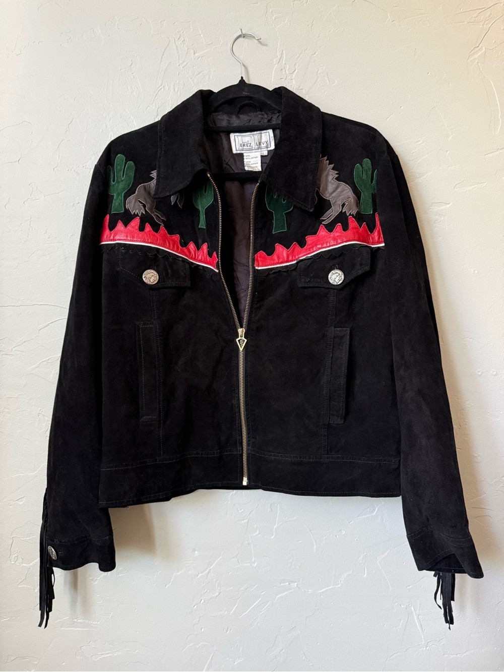 Vintage Erez Levy Black 100% Leather Suede Western Style Jacket Fringe Size L